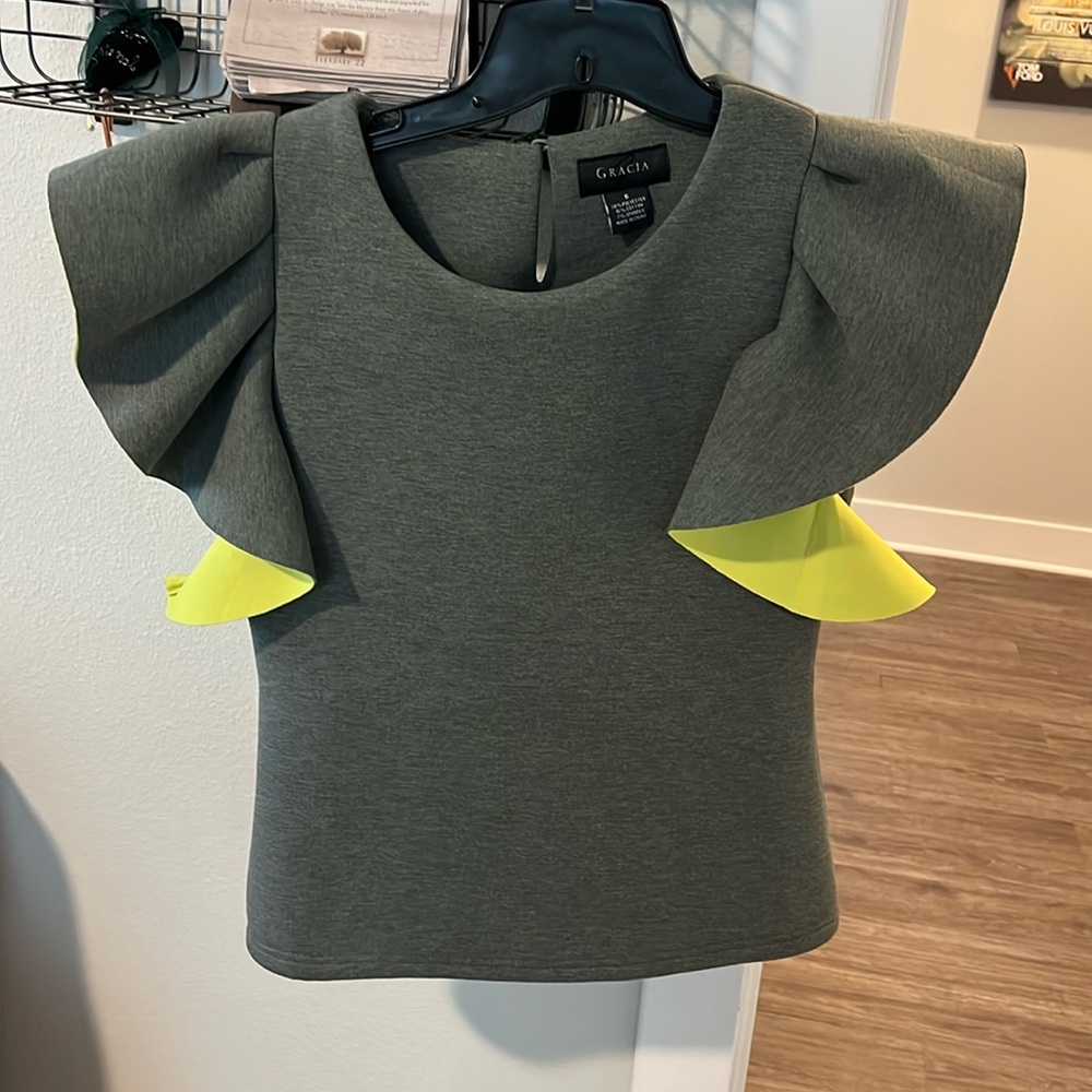 Gracia ruffled top. Never worn. Size S. Orig $188 from Lenox Mall